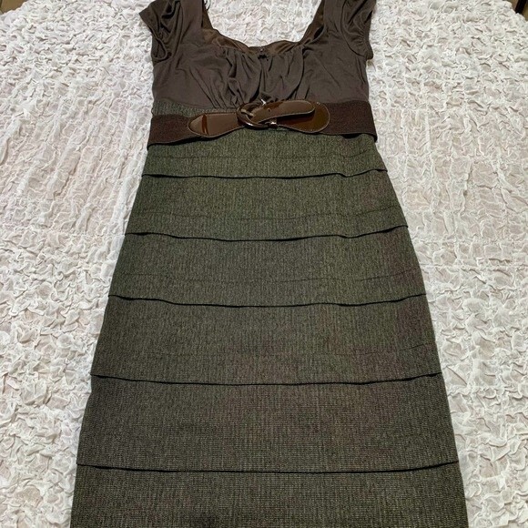 BCX brown dress vintage style bodycon  short sleeve with belt dress size 7 - Picture 8 of 13